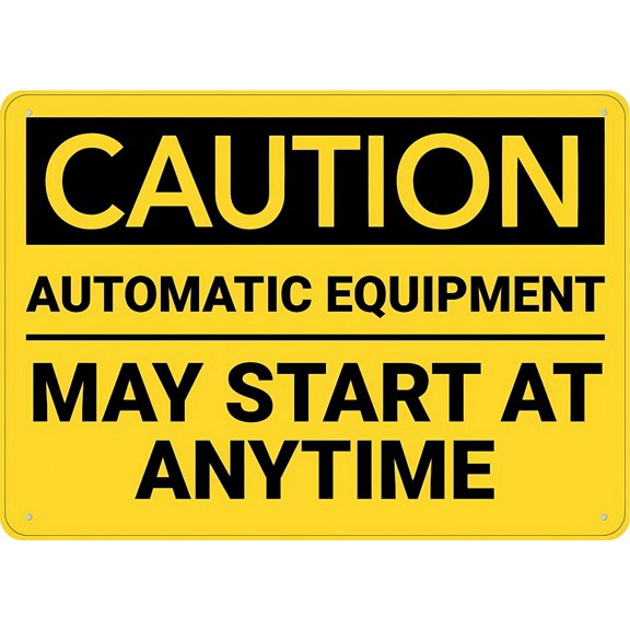 Caution Automatic Equipment May Start Anytime Metal Sign 12 x 8 Inches - Rust-Free Aluminum, UV Ink Printing, Durable Weatherproof Outdoor Use for Home, Factory, Workshop, Machinery Zone