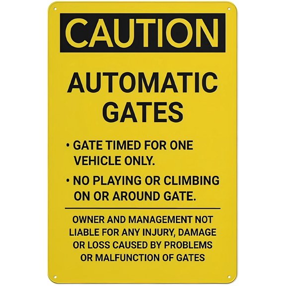 Caution Automatic Gates - Gate Timed for One Vehicle Only Sign, 8"x12" Rust-Free Aluminum Sign, Professional Graphics Easy-Mount Indoor Outdoor Sign