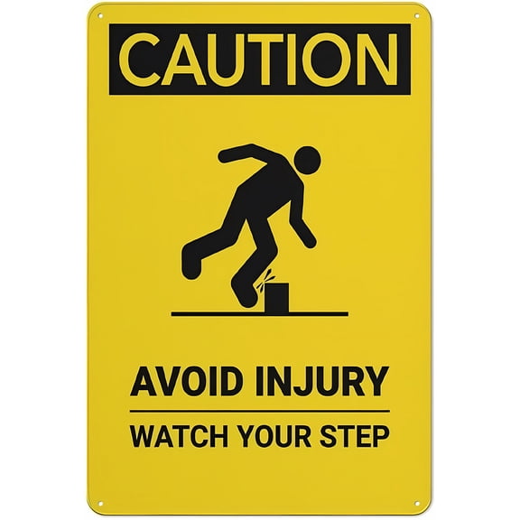 Caution Avoid Injury Watch Your Step Sign, 8"x12" Rust-Free Aluminum, Weather-Resistant Durable Easy-Mount