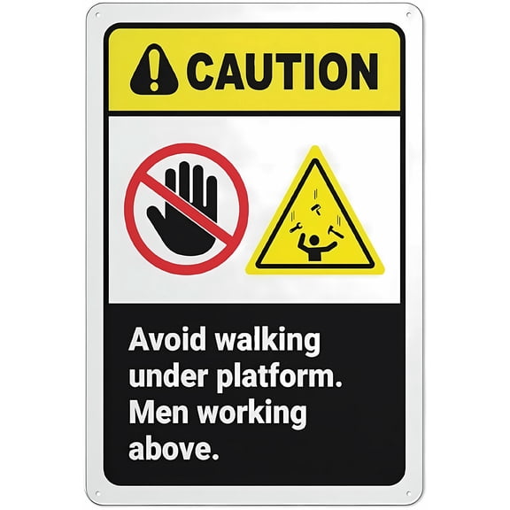 Caution Avoid Walking Under Platform Men Working Above Sign for Business, 8"x12" Rust-Free Aluminum UV Printed Sign, 4 Pre-Drilled Holes Weatherproof Sign