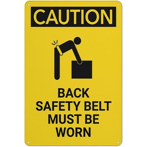 Caution Back Safety Belt Must Be Worn with Graphic Sign, 8"x12" Rust-Free Aluminum, Professional Easy-Mount Indoor Outdoor
