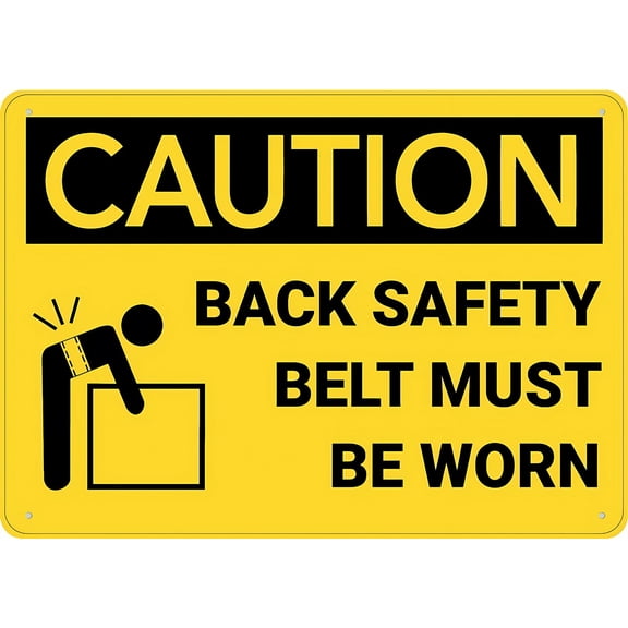 Caution Back Safety Belt Must Be Worn Graphic Sign 12 x 8 Inches - Rust-Free Aluminum, Outdoor Metal Tin Sign, Practical for Home, Business, Yard, Construction, Warehouse, Lifting Zone