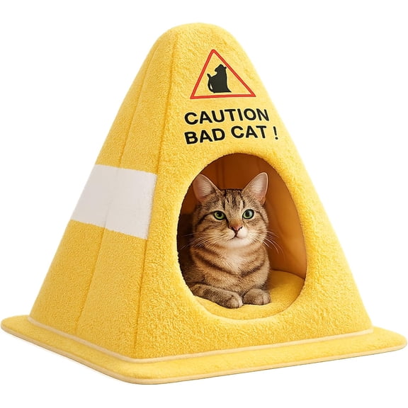 Caution Bad Cat Bed, Funny Traffic Cone Cat Cave, Cute Soft Fleece Cozy Zipper Pet House with Removable Cushion for Indoor Cats