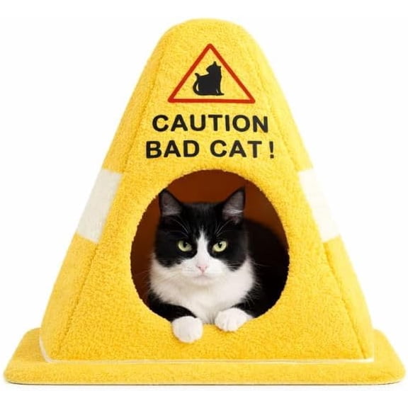 Caution Bad Cat Bed, Novelty Enclosed Cat Cave with Memory Foam, Warm Fleece Pet Tent for Indoor Cats & Small Dogs (L)