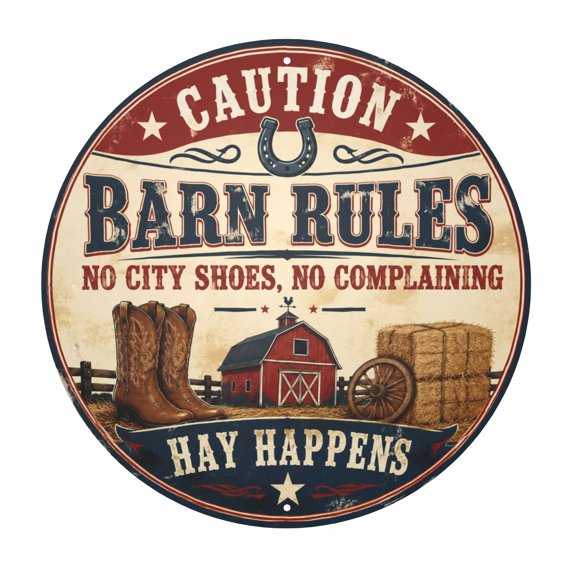 Caution Barn Rules Metal Wall Sign 8x8 Inch - Rustic Country Decor with Barn, Boots, and Hay Theme - Vintage Style Iron Wall Art for Indoor Outdoor Use - Easy Hanging with Pre-Drilled Holes