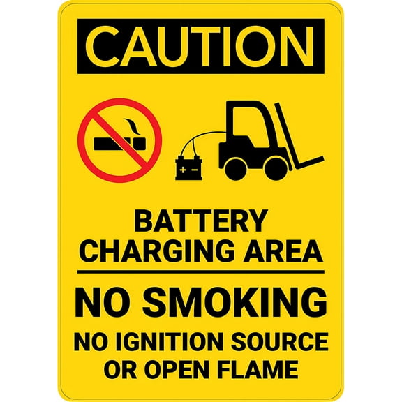 Caution Battery Charging Area Forklift No Smoking Open Vertical Sign, 8"x12" Metal Danger Warning Sign, Indoor Outdoor Man Cave Yard Sign