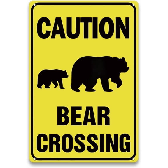 Caution Bear Crossing Sign - 8 x 12 inch Metal Aluminum Warning Signs for Cabin, Farm, Outside, Home, Campgrounds, Rural Roads, Cabins & Hiking Trails, Funny Gifts for Boys