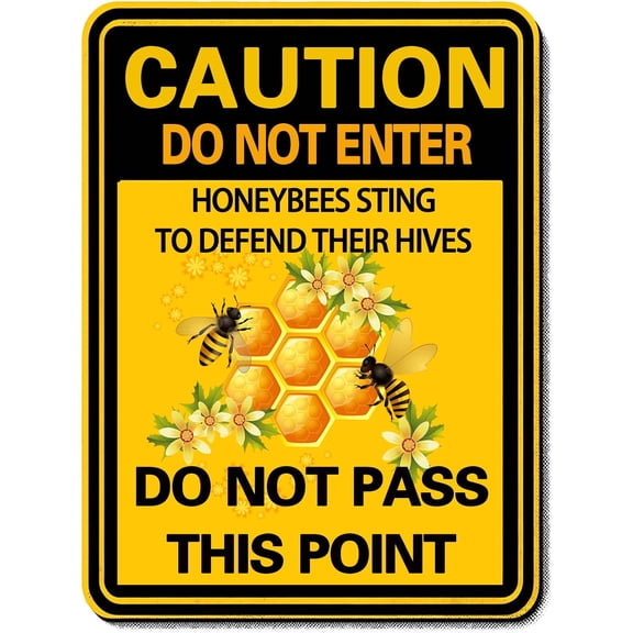 Caution Bee Metal Sign,No Trespassing Signs,Caution Danger Do Not Enter Honeybees Man Cave Decor,Warning Sign,Bee Farm Tin Sign for Home Garden Yard Farmhouse Farm 12x8 Inch, yellow