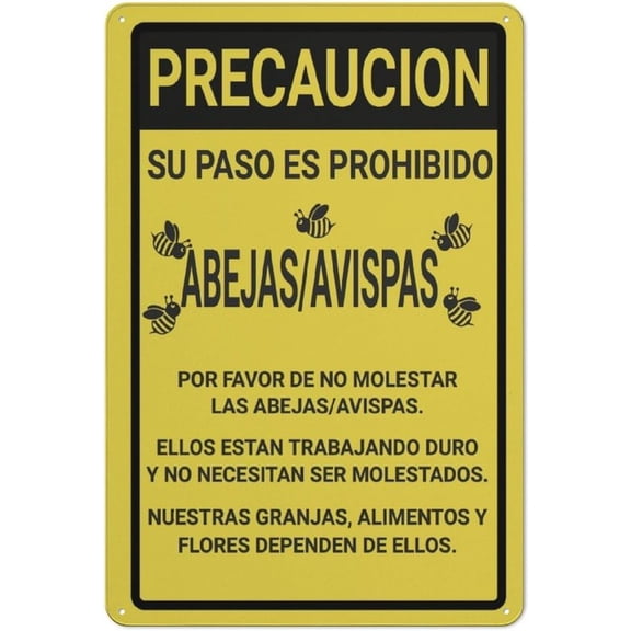 Caution Bee Safety Spanish Sign Metal 12"X8" Rust Free Aluminum,Indoor & Outdoor Use For Fence And Yard