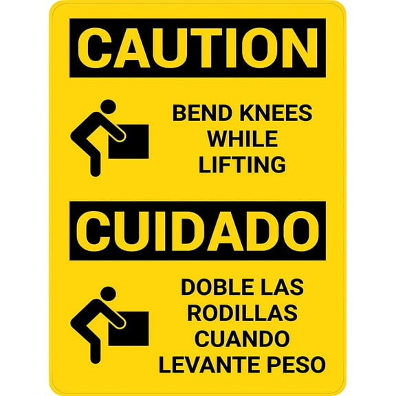 Caution Bend Knees While Lifting Bilingual Spanish With Icons Sign, 8"x12" Metal Bilingual Danger Warning Sign, Indoor Outdoor Man Cave Yard Sign