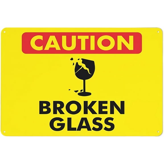Caution Broken Glass Icon Reflective Aluminum Warning Sign 12 x 8 Inches - with Symbol, Weatherproof Signage for Indoor Outdoor Lab, Restaurant, Waste Area