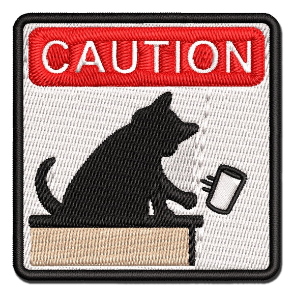 Caution Cat Knocks Things Over Applique Multi-Color Embroidered Iron-On Patch - 2.5 Inch Small