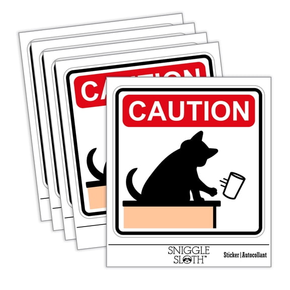 Caution Cat Knocks Things Over Car Window Bumper Water Bottle Phone Tablet Laptop Waterproof Vinyl Decal Sticker Set 5-Pack - Gloss Finish - 3.0"