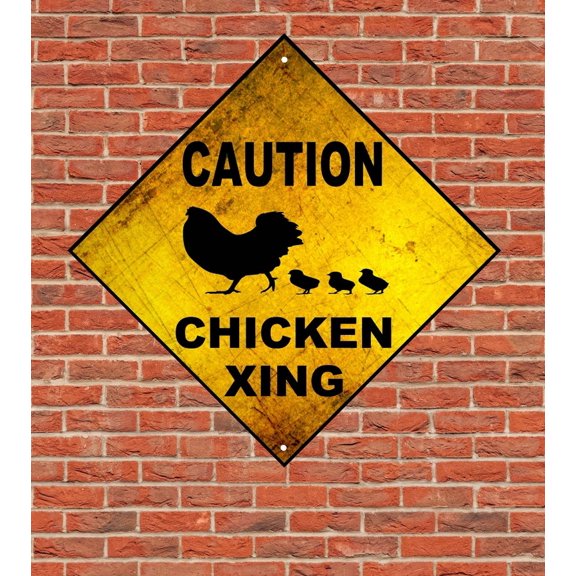 Caution Chicken Xing Warning Sign Diamond Shape Metal Rustic Size: 8 inch x 8 inch