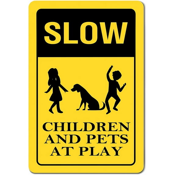 Caution Children And Pets At Play Sign, 8"x12" Black Yellow Warning Fence Sign, Decorative Aluminum Notice Sign for Yard Home Outdoor