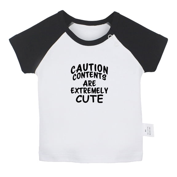 Caution Contents Are Extremely Cute Funny T shirt For Baby, Newborn Babies T-shirts, Infant Tops, 0-24M Kids Graphic Tees Clothing (Short Black Raglan T-shirt, 18-24 Months)