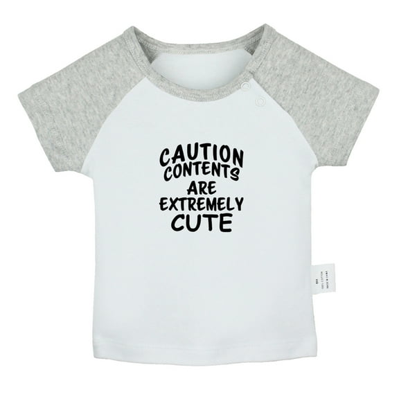 Caution Contents Are Extremely Cute Funny T shirt For Baby, Newborn Babies T-shirts, Infant Tops, 0-24M Kids Graphic Tees Clothing (Short Gray Raglan T-shirt, 12-18 Months)