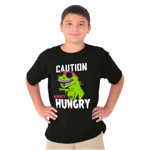 Caution Cool Dinosaur Always Hungry Crewneck T Shirts Boy Girl Teen Brisco Brands XS