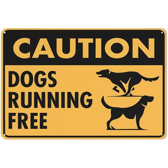 Caution Dogs Running Free Metal Aluminum Sign 12 x 8 Inches - Pre-Drilled Holes for Easy Mounting, Indoor Outdoor Use for Fence, Door, Gate, Residential Yard