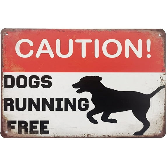 Caution Dogs Running Free Metal Tin Sign Funny Outdoor Road Yard Outside Sign Vintage Decor 12 X 8