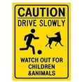 thumbnail image 1 of Caution Drive Slowly Watch Out for Children and Animals Metal Tin Sign 12 x 8 Inches - School Safety Sign, Indoor Outdoor Residential Area, Neighborhood Road Use, 1 of 6