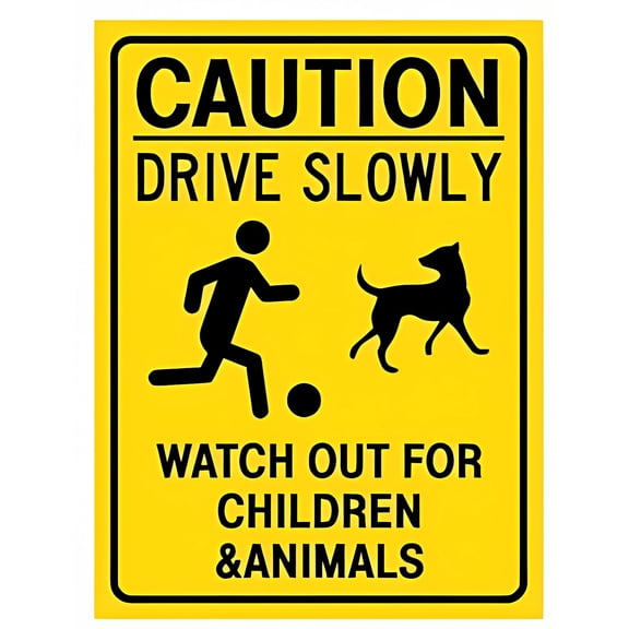 Caution Drive Slowly Watch Out for Children and Animals Metal Tin Sign 12 x 8 Inches - School Safety Sign, Indoor Outdoor Residential Area, Neighborhood Road Use