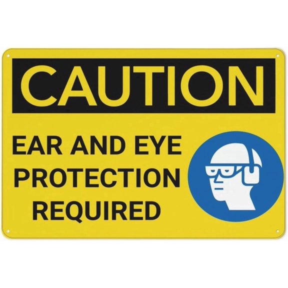 Caution Ear And Eye Protection Required With Graphic Retro Aluminum Sign 8"x12" - Vintage Style Metal Tin Sign, Funny Pool Wall Decor Art, Ear Eye Protection Sign