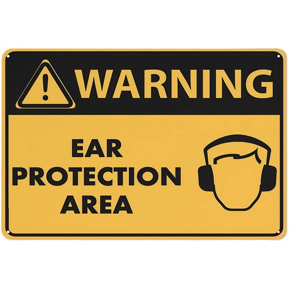 Caution Ear Protection Area Metal Aluminum Rust Free Sign 8"x12" - Funny Decor for House Door Office Business Yard, Pre-Drilled Holes Weather Resistant