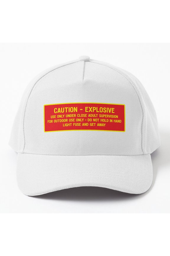 Caution Explosive Fireworks Baseball Hat, Warning Label Celebration Graphic Design, Classic Cap