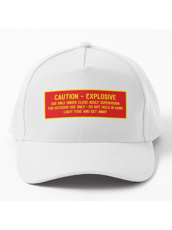 Caution Explosive Fireworks Baseball Hat, Warning Label Celebration Graphic Design, Classic Cap