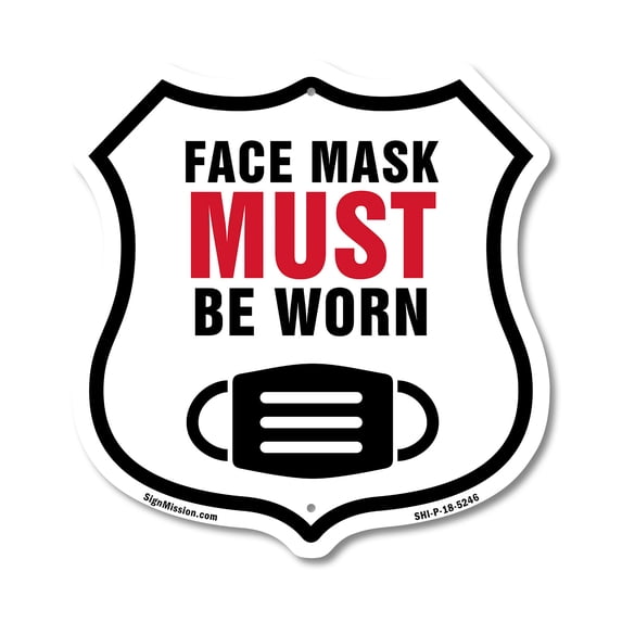 Caution Face Mask Must Be Worn (5 Pack) 12 inch X 12 inch Shield-Shaped Rust-Free Aluminum Metal Signs Weather Resistant Made in the USA