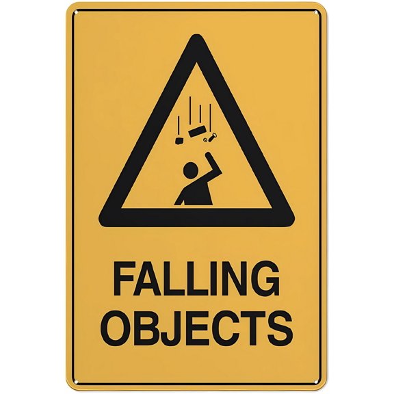 Caution Falling Objects Reflective Aluminum Warning Sign 12 x 8 Inches - with Symbol, Weatherproof Signage for Indoor Outdoor Construction, Warehouse, Factory, High Work Area