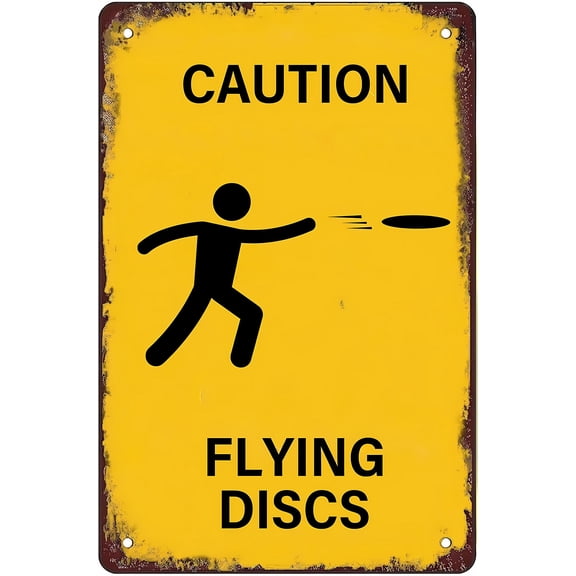 Caution Flying Discs Retro Metal Tin Sign - 8"x12", Wall Decor for Home Kitchen, Yard, Bar, Garage Man Cave, Great for Frisbee Enthusiast Room & Outdoor Patio Area