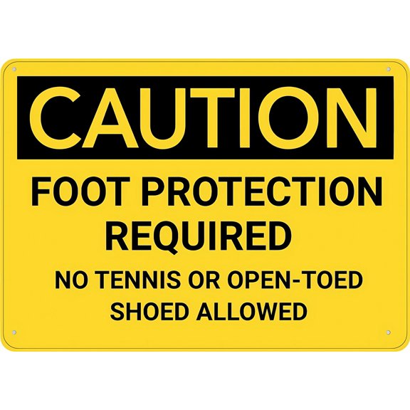 Caution Foot Protection Required No Tennis/Open Toed Shoes Sign for Home 12 x 8 Inches - Rust-Free Aluminum, UV Ink Printing, 7-Year Weatherproof Outdoor Durability