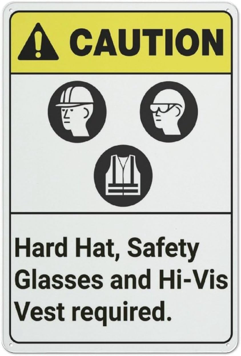Caution Hard Hat Vest Safety Glasses Required Sign 12X8 Inch Tin Sign ...