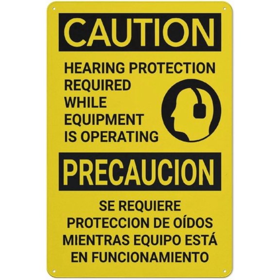 Caution Hearing Protection Required While Equipment Is Operating Bilingual Spanish Rust Free Aluminum Sign 8"x12" - Professional Graphics Easy To Mount, Indoor & Outdoor Use, Bilingual Hearing Sign