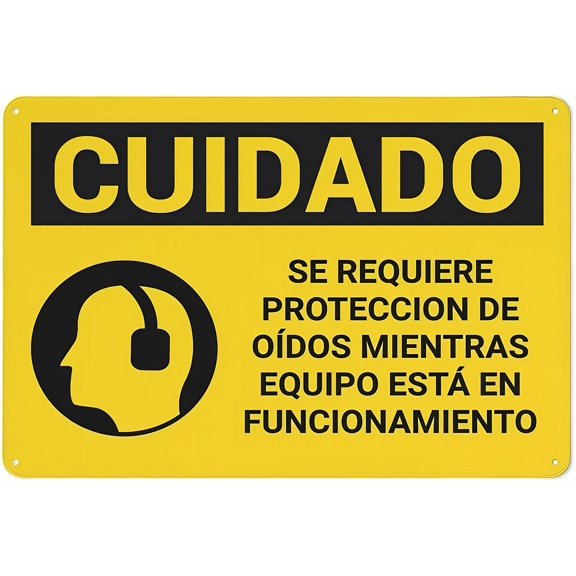 Caution Hearing Protection Required Spanish Sign - 12×8 Inches, Rust-Free Aluminum, Professional Graphics Easy-Mount Indoor Outdoor Decor