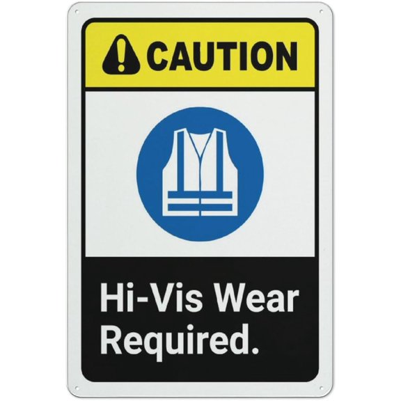 Caution Hi Vis Wear Required Aluminum Metal Tin Sign 8"x12" - Safety Restriction Alert Warning Plate, Hi Vis Wear Sign