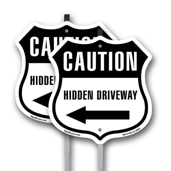Caution Hidden Driveway Left (2 Pack) 12 inch X 12 inch Shield Shaped Rust-Free Aluminum Metal Signs with Aluminum Mounting Stakes Weather Resistant Made in the USA