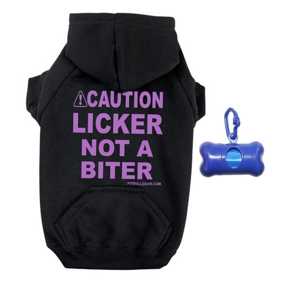 Caution Licker Not A Biter Zippered Dog Hoodie and Poop Bag Holder Bundle Set