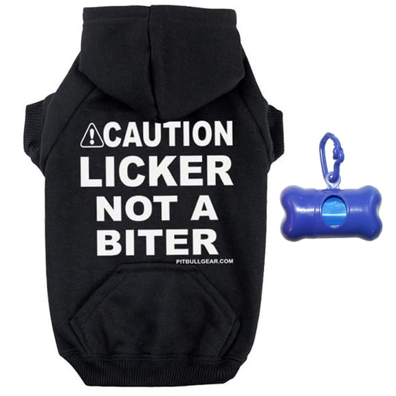 Caution Licker Not A Biter Zippered Dog Hoodie and Poop Bag Holder Bundle Set