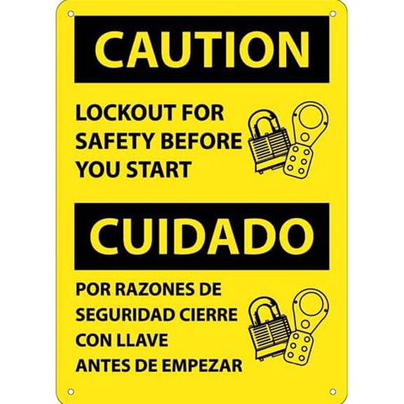 Caution Lockout Before Start Sign - Bilingual Metal Sign 8x12 Inch for Security Use