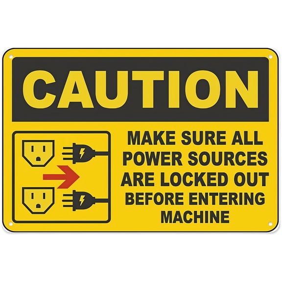 Caution Make Sure All Power Sources Locked Out Sign - 12×8 Inches, Aluminum Tin Warning Sign, Home Outdoor Garden Safety Decor