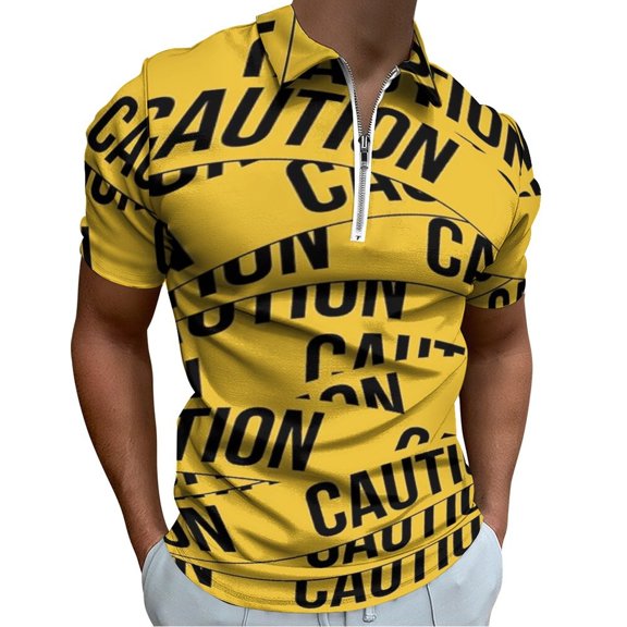Caution Men Zipper T-shirt Summer Casual Short Sleeve T-shirt Top