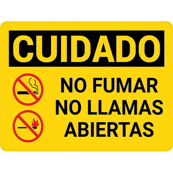 Caution No Smoking No Open Flames Spanish Sign, 8"x12" Metal Sign with Icon, Danger Warning Sign for Man Cave Yard Indoor Outdoor