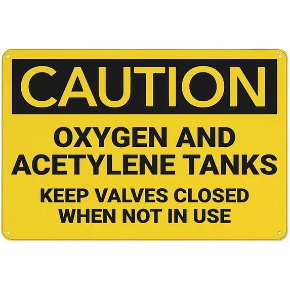 Caution Oxygen & Acetylene Tanks Valves Closed Sign - 12×8 Inches, Aluminum UV-Ink Printed, House Business Workshop Safety Decor