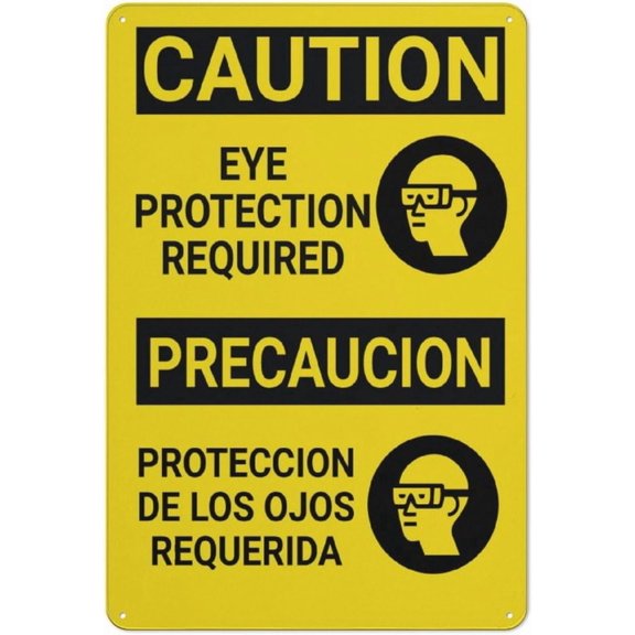 Caution PPE Eye Protection Required With Graphic Bilingual Spanish Metal Sign 8"x12" Rust Free Aluminum - UV Ink Printing Durable Weatherproof, Outdoor Decor for Home