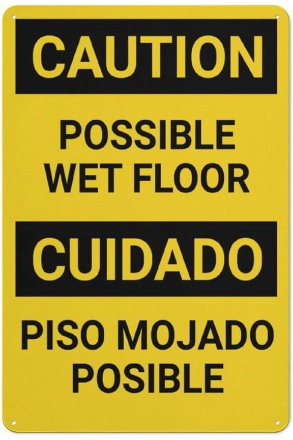 Caution Possible Wet Floor Bilingual Spanish Retro Vintage Sign 8"x12" - Wall Decor Plaque for Home Bar Pub Kitchen Restaurant, Bilingual Wet Floor Sign