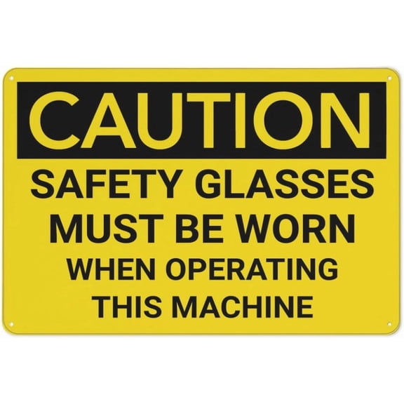 Caution Ppe Safety Glasses Must Be Worn When Operating Machine Sign 12 X 8 Inch Metal Sign, Rustproof Aluminum, Multicolor
