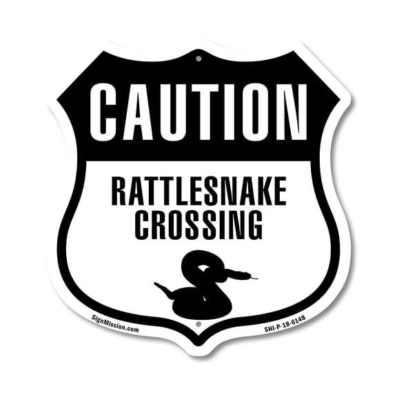 Caution Rattlesnake Crossing 12 inch X 12 inch Shield-Shaped Rust-Free Aluminum Metal Sign Weather Resistant Made in the USA